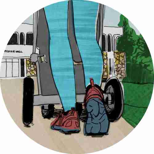 illustration of person pushing a stroller with lake superior in the background